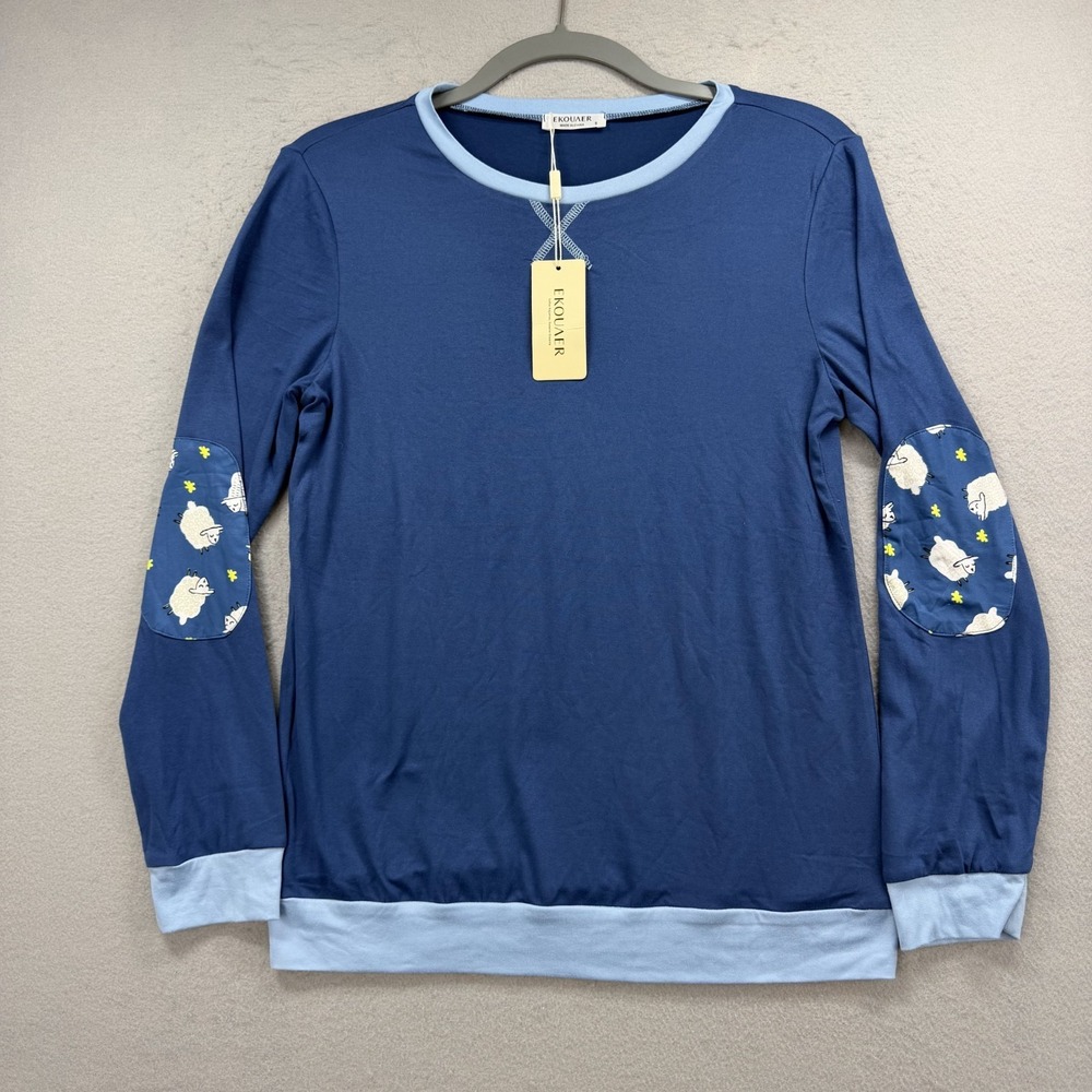 Ekouaer  Fleece Long Sleeve‎ Pullover Womens S Blue Crew Sheep Elbow Patch NEW